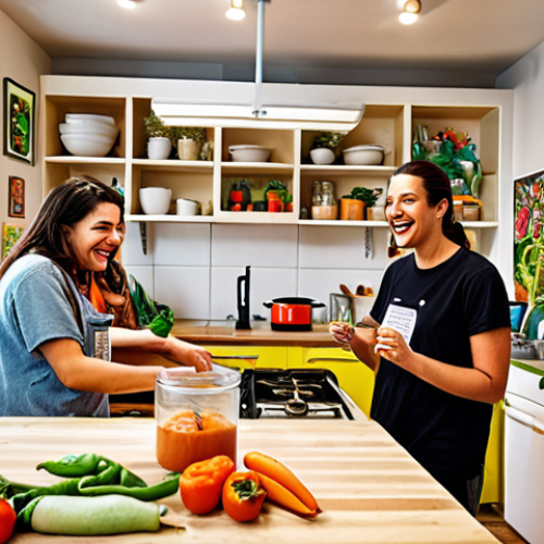 **

A vibrant co-living space. A diverse group of people are participating in a cooking workshop in a shared kitchen, laughter and smiles filling the room. Plants decorate the shelves and artwork adorns the walls. Emphasis on community, connection, and shared creativity.

**