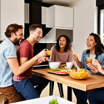 **Image Prompt 1: The Heart of Co-living Community**
    A warm, inviting image depicting a diverse group of young professionals and digital nomads engaging joyfully in a modern, shared common area within a co-living space. They are seen laughing, cooking together in a well-equipped open-plan kitchen, or sharing conversations in a comfortable lounge. The setting is bright and aesthetically pleasing, emphasizing a strong sense of camaraderie, belonging, and shared urban life, showcasing friendships blossoming beyond traditional neighborly interactions.